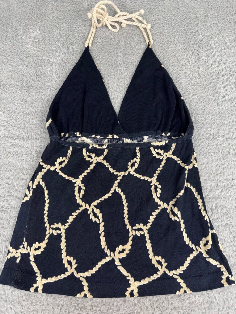 J.Crew Navy & Beige Rope Print Halter Top With Deep V-Neckline Comfort Travel - Picture 8 of 16